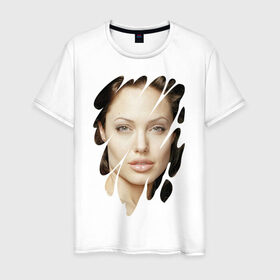 Мужская футболка хлопок с принтом Анджелина Джоли в Новосибирске, 100% хлопок | прямой крой, круглый вырез горловины, длина до линии бедер, слегка спущенное плечо. | Тематика изображения на принте: angelina jolie | hollywood | анджелина джоли | голливуд | кинозвезда