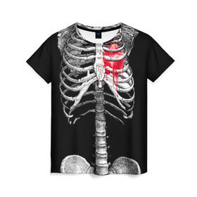 Женская футболка 3D с принтом Скелет с сердцем в Новосибирске, 100% полиэфир ( синтетическое хлопкоподобное полотно) | прямой крой, круглый вырез горловины, длина до линии бедер | halloween | skeleton | кровь | скелет | хэллоуин