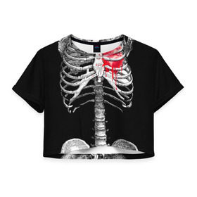 Женская футболка 3D укороченная с принтом Скелет с сердцем в Новосибирске, 100% полиэстер | круглая горловина, длина футболки до линии талии, рукава с отворотами | halloween | skeleton | кровь | скелет | хэллоуин
