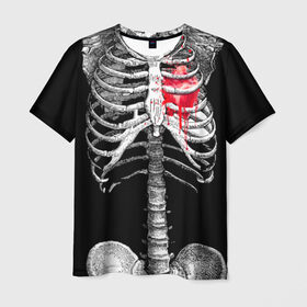 Мужская футболка 3D с принтом Скелет с сердцем в Новосибирске, 100% полиэфир | прямой крой, круглый вырез горловины, длина до линии бедер | halloween | skeleton | кровь | скелет | хэллоуин