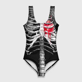 Купальник-боди 3D с принтом Скелет с сердцем в Новосибирске, 82% полиэстер, 18% эластан | Круглая горловина, круглый вырез на спине | Тематика изображения на принте: halloween | skeleton | кровь | скелет | хэллоуин