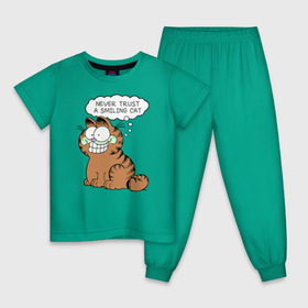 Детская пижама хлопок с принтом Garfield Smiling Cat в Новосибирске, 100% хлопок |  брюки и футболка прямого кроя, без карманов, на брюках мягкая резинка на поясе и по низу штанин
 | garfield smiling cat гарфилд кот