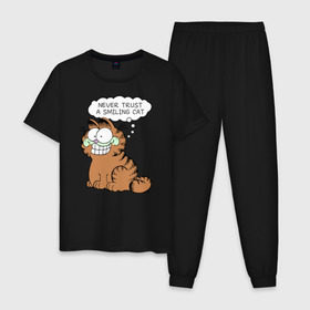 Мужская пижама хлопок с принтом Garfield Smiling Cat в Новосибирске, 100% хлопок | брюки и футболка прямого кроя, без карманов, на брюках мягкая резинка на поясе и по низу штанин
 | garfield smiling cat гарфилд кот
