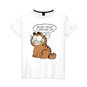 Женская футболка хлопок с принтом Garfield Smiling Cat в Новосибирске, 100% хлопок | прямой крой, круглый вырез горловины, длина до линии бедер, слегка спущенное плечо | garfield smiling cat гарфилд кот