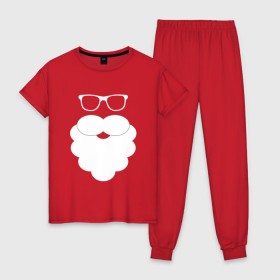 Женская пижама хлопок с принтом Дед Мороз, борода из ваты в Новосибирске, 100% хлопок | брюки и футболка прямого кроя, без карманов, на брюках мягкая резинка на поясе и по низу штанин | борода