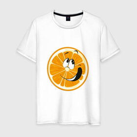 Мужская футболка хлопок с принтом Веселый апельсин в Новосибирске, 100% хлопок | прямой крой, круглый вырез горловины, длина до линии бедер, слегка спущенное плечо. | апельсин | прикольная | рожа | рожица | фрукт