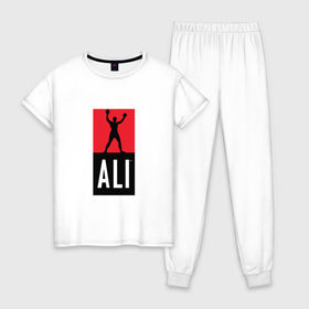 Женская пижама хлопок с принтом Ali by boxcluber в Новосибирске, 100% хлопок | брюки и футболка прямого кроя, без карманов, на брюках мягкая резинка на поясе и по низу штанин | muhammad ali | мухаммед али