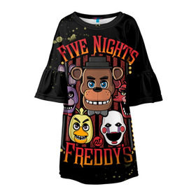 Детское платье 3D с принтом Five Nights At Freddy`s в Новосибирске, 100% полиэстер | прямой силуэт, чуть расширенный к низу. Круглая горловина, на рукавах — воланы | Тематика изображения на принте: five nights at freddys | fnaf | freddy | игры | медведь | мишка | фнаф | фредди
