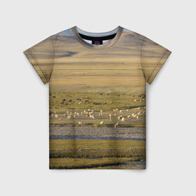 Детская футболка 3D с принтом Долина жизни в Новосибирске, 100% гипоаллергенный полиэфир | прямой крой, круглый вырез горловины, длина до линии бедер, чуть спущенное плечо, ткань немного тянется | Тематика изображения на принте: алтай | горы | долина | камни | пастбище в горной долинеживотные | пески | пустыни | рек