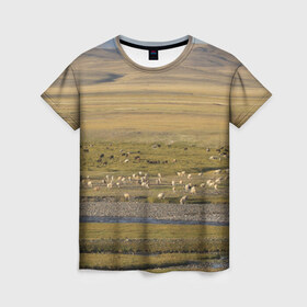 Женская футболка 3D с принтом Долина жизни в Новосибирске, 100% полиэфир ( синтетическое хлопкоподобное полотно) | прямой крой, круглый вырез горловины, длина до линии бедер | Тематика изображения на принте: алтай | горы | долина | камни | пастбище в горной долинеживотные | пески | пустыни | рек