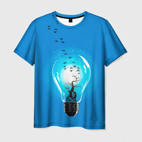 Мужская футболка 3D с принтом Лампочка в Новосибирске, 100% полиэфир | прямой крой, круглый вырез горловины, длина до линии бедер | дерево | лампочка | птицы