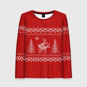 Женский лонгслив 3D с принтом Свитер с оленями в Новосибирске, 100% полиэстер | длинные рукава, круглый вырез горловины, полуприлегающий силуэт | deer | new year | sweater | winter | зима | новый год | олени | рождество | с новым годом | сhristmas | свитер