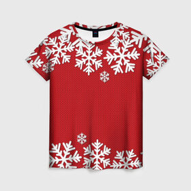 Женская футболка 3D с принтом Снежинки в Новосибирске, 100% полиэфир ( синтетическое хлопкоподобное полотно) | прямой крой, круглый вырез горловины, длина до линии бедер | new year | snowflake | sweater | winter | зима | новый год | рождество | с новым годом | сhristmas | свитер | снежинка