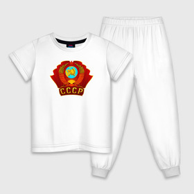 Детская пижама хлопок с принтом Герб СССР в Новосибирске, 100% хлопок |  брюки и футболка прямого кроя, без карманов, на брюках мягкая резинка на поясе и по низу штанин
 | Тематика изображения на принте: ussr | кпрф | кпсс | россия | серп и молот | союз | флаг