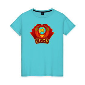 Женская футболка хлопок с принтом Герб СССР в Новосибирске, 100% хлопок | прямой крой, круглый вырез горловины, длина до линии бедер, слегка спущенное плечо | ussr | кпрф | кпсс | россия | серп и молот | союз | флаг