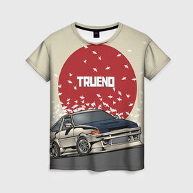 Женская футболка 3D с принтом Toyota Trueno ae86 в Новосибирске, 100% полиэфир ( синтетическое хлопкоподобное полотно) | прямой крой, круглый вырез горловины, длина до линии бедер | 86 | corolla | crane | hachiroku | jdm | toyota | trueno | ае86 | журавлики | тоёта | тойота | труено | хачироку | япония