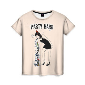 Женская футболка 3D с принтом Party hard в Новосибирске, 100% полиэфир ( синтетическое хлопкоподобное полотно) | прямой крой, круглый вырез горловины, длина до линии бедер | happy new year | new year | party | вечеринка | конфетти | новый год | с новым годом
