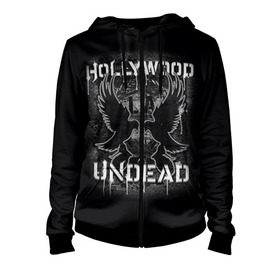 Женская толстовка 3D на молнии с принтом Hollywood Undead в Новосибирске, 100% полиэстер | длина до линии бедра, манжеты и пояс оформлены мягкой тканевой резинкой, двухслойный капюшон со шнурком для регулировки, спереди молния, по бокам два кармана | хип хоп