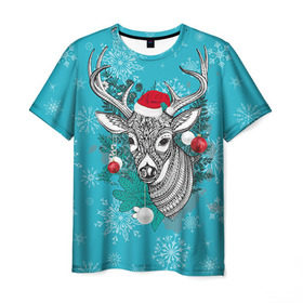 Мужская футболка 3D с принтом Новогодний олень в Новосибирске, 100% полиэфир | прямой крой, круглый вырез горловины, длина до линии бедер | 2016 | christmas | deer | год | новогодний | новый | олень | рождественский | с новым годом