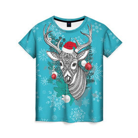 Женская футболка 3D с принтом Новогодний олень в Новосибирске, 100% полиэфир ( синтетическое хлопкоподобное полотно) | прямой крой, круглый вырез горловины, длина до линии бедер | 2016 | christmas | deer | год | новогодний | новый | олень | рождественский | с новым годом