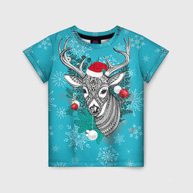 Детская футболка 3D с принтом Новогодний олень в Новосибирске, 100% гипоаллергенный полиэфир | прямой крой, круглый вырез горловины, длина до линии бедер, чуть спущенное плечо, ткань немного тянется | 2016 | christmas | deer | год | новогодний | новый | олень | рождественский | с новым годом