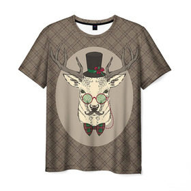 Мужская футболка 3D с принтом Deer в Новосибирске, 100% полиэфир | прямой крой, круглый вырез горловины, длина до линии бедер | Тематика изображения на принте: 2016 | christmas | deer | год | новогодний | новый | олень | рождественский | с новым годом