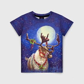 Детская футболка 3D с принтом Christmas deer в Новосибирске, 100% гипоаллергенный полиэфир | прямой крой, круглый вырез горловины, длина до линии бедер, чуть спущенное плечо, ткань немного тянется | Тематика изображения на принте: 2016 | christmas | deer | год | новогодний | новый | олень | рождественский | с новым годом