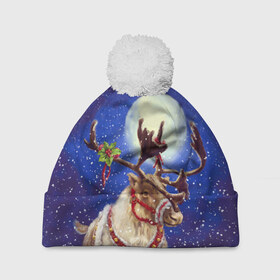 Шапка 3D c помпоном с принтом Christmas deer в Новосибирске, 100% полиэстер | универсальный размер, печать по всей поверхности изделия | 2016 | christmas | deer | год | новогодний | новый | олень | рождественский | с новым годом