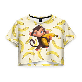 Женская футболка 3D укороченная с принтом Обезьяна с бананом в Новосибирске, 100% полиэстер | круглая горловина, длина футболки до линии талии, рукава с отворотами | мартышка | обезьяна