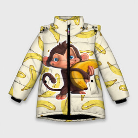 Зимняя куртка для девочек 3D с принтом Обезьяна с бананом в Новосибирске, ткань верха — 100% полиэстер; подклад — 100% полиэстер, утеплитель — 100% полиэстер. | длина ниже бедра, удлиненная спинка, воротник стойка и отстегивающийся капюшон. Есть боковые карманы с листочкой на кнопках, утяжки по низу изделия и внутренний карман на молнии. 

Предусмотрены светоотражающий принт на спинке, радужный светоотражающий элемент на пуллере молнии и на резинке для утяжки. | мартышка | обезьяна