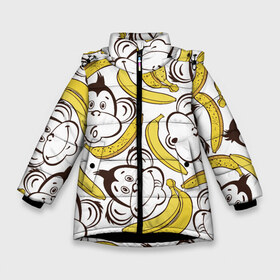 Зимняя куртка для девочек 3D с принтом Обезьянки и бананы в Новосибирске, ткань верха — 100% полиэстер; подклад — 100% полиэстер, утеплитель — 100% полиэстер. | длина ниже бедра, удлиненная спинка, воротник стойка и отстегивающийся капюшон. Есть боковые карманы с листочкой на кнопках, утяжки по низу изделия и внутренний карман на молнии. 

Предусмотрены светоотражающий принт на спинке, радужный светоотражающий элемент на пуллере молнии и на резинке для утяжки. | банан