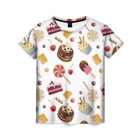 Женская футболка 3D с принтом Sweet time в Новосибирске, 100% полиэфир ( синтетическое хлопкоподобное полотно) | прямой крой, круглый вырез горловины, длина до линии бедер | candy | капкейп | милый | мороженое | пирожное | торт