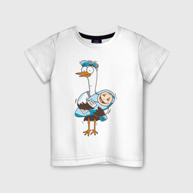 Детская футболка хлопок с принтом Аист с малышом в Новосибирске, 100% хлопок | круглый вырез горловины, полуприлегающий силуэт, длина до линии бедер | Тематика изображения на принте: аист | девочка | малыш | мальчик | ребенок