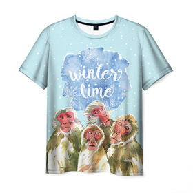 Мужская футболка 3D с принтом Зимняя пора в Новосибирске, 100% полиэфир | прямой крой, круглый вырез горловины, длина до линии бедер | winter | год | зима | мартышка | новогодний | новый | обезьяна | обезьянка | подарок | с новым годом | снег
