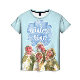 Женская футболка 3D с принтом Зимняя пора в Новосибирске, 100% полиэфир ( синтетическое хлопкоподобное полотно) | прямой крой, круглый вырез горловины, длина до линии бедер | winter | год | зима | мартышка | новогодний | новый | обезьяна | обезьянка | подарок | с новым годом | снег