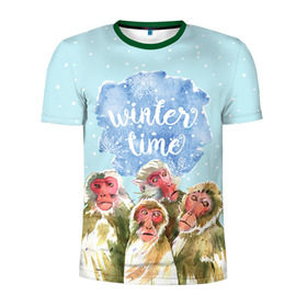 Мужская футболка 3D спортивная с принтом Зимняя пора в Новосибирске, 100% полиэстер с улучшенными характеристиками | приталенный силуэт, круглая горловина, широкие плечи, сужается к линии бедра | winter | год | зима | мартышка | новогодний | новый | обезьяна | обезьянка | подарок | с новым годом | снег