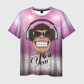 Мужская футболка 3D с принтом Веселого Нового Года! в Новосибирске, 100% полиэфир | прямой крой, круглый вырез горловины, длина до линии бедер | 2016 | год | мартышка | новогодний | новый | обезьяна | обезьянка | подарок | с новым годом