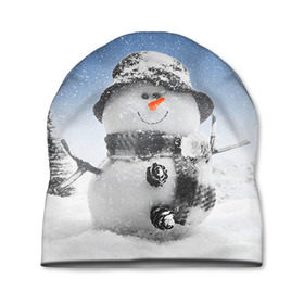 Шапка 3D с принтом Снеговик в Новосибирске, 100% полиэстер | универсальный размер, печать по всей поверхности изделия | 2016 | winter | год | зима | мартышка | новогодний | новый | обезьяна | обезьянка | подарок | с новым годом | снег | снеговик