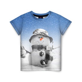 Детская футболка 3D с принтом Снеговик в Новосибирске, 100% гипоаллергенный полиэфир | прямой крой, круглый вырез горловины, длина до линии бедер, чуть спущенное плечо, ткань немного тянется | Тематика изображения на принте: 2016 | winter | год | зима | мартышка | новогодний | новый | обезьяна | обезьянка | подарок | с новым годом | снег | снеговик