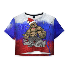 Женская футболка 3D укороченная с принтом Медведь в Новосибирске, 100% полиэстер | круглая горловина, длина футболки до линии талии, рукава с отворотами | 2016 | год | медведь | мишка | новогодний | новый | патриот | россия | русский | с новым годом | сила | флаг