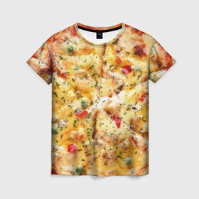 Женская футболка 3D с принтом Пицца в Новосибирске, 100% полиэфир ( синтетическое хлопкоподобное полотно) | прямой крой, круглый вырез горловины, длина до линии бедер | еда | пицца