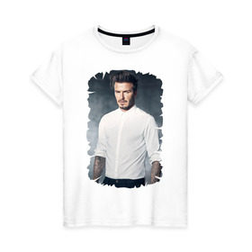 Женская футболка хлопок с принтом David Beckham в Новосибирске, 100% хлопок | прямой крой, круглый вырез горловины, длина до линии бедер, слегка спущенное плечо | david beckham | англия | дэвид бекхэм | лига чемпионов | мадрид | мю | реал | футбол