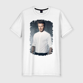 Мужская футболка премиум с принтом David Beckham в Новосибирске, 92% хлопок, 8% лайкра | приталенный силуэт, круглый вырез ворота, длина до линии бедра, короткий рукав | david beckham | англия | дэвид бекхэм | лига чемпионов | мадрид | мю | реал | футбол