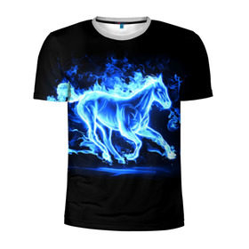 Мужская футболка 3D спортивная с принтом Ледяной конь в Новосибирске, 100% полиэстер с улучшенными характеристиками | приталенный силуэт, круглая горловина, широкие плечи, сужается к линии бедра | Тематика изображения на принте: арт | лёд | лошадь | огонь | пламя