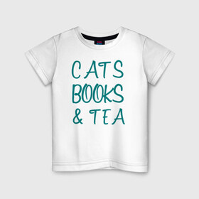 Детская футболка хлопок с принтом CATS, BOOKS & TEA в Новосибирске, 100% хлопок | круглый вырез горловины, полуприлегающий силуэт, длина до линии бедер | books  tea книги коты кисы чай кофе | cats