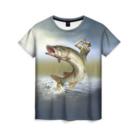 Женская футболка 3D с принтом Щука в Новосибирске, 100% полиэфир ( синтетическое хлопкоподобное полотно) | прямой крой, круглый вырез горловины, длина до линии бедер | fishing | рыба | рыбак | рыбалка | туризм | щука
