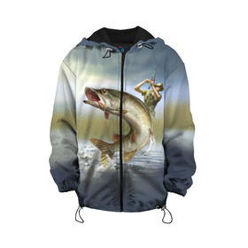 Детская куртка 3D с принтом Щука в Новосибирске, 100% полиэстер | застежка — молния, подол и капюшон оформлены резинкой с фиксаторами, по бокам — два кармана без застежек, один потайной карман на груди, плотность верхнего слоя — 90 г/м2; плотность флисового подклада — 260 г/м2 | Тематика изображения на принте: fishing | рыба | рыбак | рыбалка | туризм | щука
