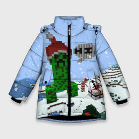 Зимняя куртка для девочек 3D с принтом Minecraft в Новосибирске, ткань верха — 100% полиэстер; подклад — 100% полиэстер, утеплитель — 100% полиэстер. | длина ниже бедра, удлиненная спинка, воротник стойка и отстегивающийся капюшон. Есть боковые карманы с листочкой на кнопках, утяжки по низу изделия и внутренний карман на молнии. 

Предусмотрены светоотражающий принт на спинке, радужный светоотражающий элемент на пуллере молнии и на резинке для утяжки. | creeper | крипер | майнкрафт | новогодний