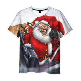 Мужская футболка 3D с принтом Дед мороз рокер в Новосибирске, 100% полиэфир | прямой крой, круглый вырез горловины, длина до линии бедер | Тематика изображения на принте: heavy metal | rock | santa claus | дед мороз | рок | с новым годом | санта | санта клаус