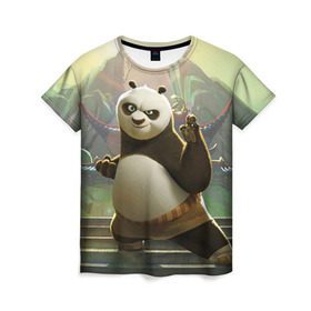 Женская футболка 3D с принтом Кунг фу панда в Новосибирске, 100% полиэфир ( синтетическое хлопкоподобное полотно) | прямой крой, круглый вырез горловины, длина до линии бедер | kung fu | kung fu panda | panda | кунг фу | кунг фу панда | кунгфу | панда. кунг фу | по